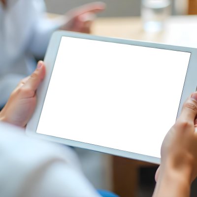 A Person Holding A Tablet With A Blank Blue Screen The Background Is Blurred And Out Of Focus The Person Is Wearing A White Shirt 7 D07c