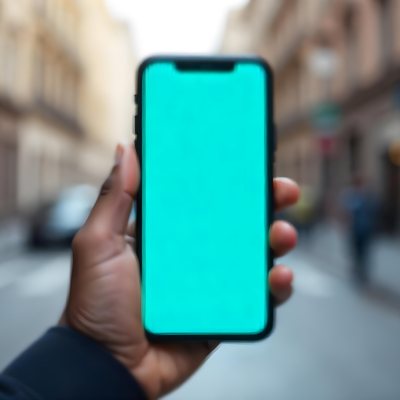 Black Man Holding A Smartphone With A Blank Turquoise Screen The Background Is A Blurred City Street 12 2f90