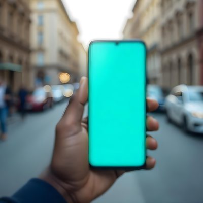 Black Man Holding A Smartphone With A Blank Turquoise Screen The Background Is A Blurred City Street 15 52d3