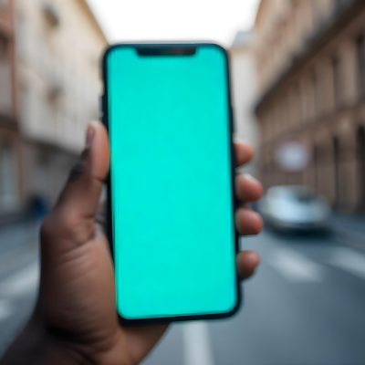 Black Man Holding A Smartphone With A Blank Turquoise Screen The Background Is A Blurred City Street 16 Debf
