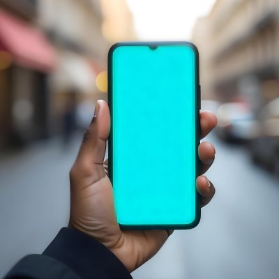 Black Man Holding A Smartphone With A Blank Turquoise Screen The Background Is A Blurred City Street 17 Af61