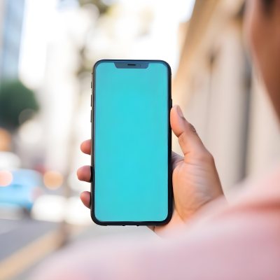 Black Man Holding A Smartphone With A Blank Turquoise Screen The Background Is A Blurred City Street 19 Ec5f