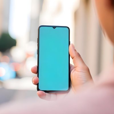Black Man Holding A Smartphone With A Blank Turquoise Screen The Background Is A Blurred City Street 20 11b9