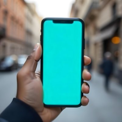 Black Man Holding A Smartphone With A Blank Turquoise Screen The Background Is A Blurred City Street 3 2636