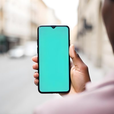 Black Man Holding A Smartphone With A Blank Turquoise Screen The Background Is A Blurred City Street 5 3581
