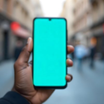 Black Man Holding A Smartphone With A Blank Turquoise Screen The Background Is A Blurred City Street 9 4ea6
