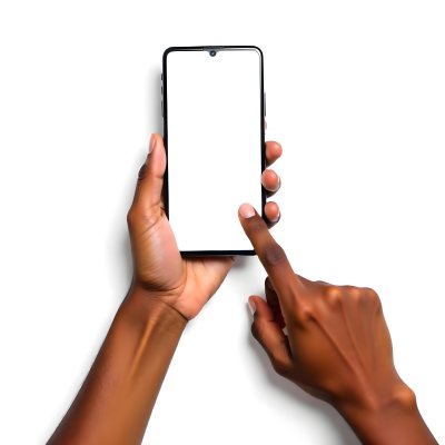 Dark Skinned Hands Holding A Smartphone With A Blank White Screen One Finger Is Holding The Screen Isolated On A White Background 10 1fd4