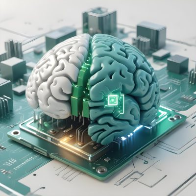 Digital Painting A Brain With The Left Hemisphere In White And Green And The Right Hemisphere In Green On A Circuit Board With A Smartphone Bold And Slim Lines Brush Strokes 48 316a