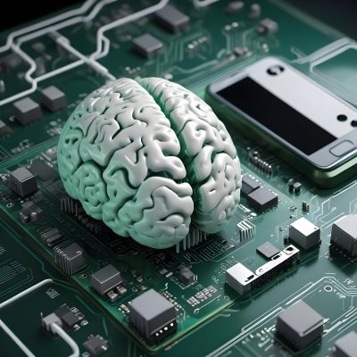 Digital Painting A Brain With The Left Hemisphere In White And Green And The Right Hemisphere In Green On A Circuit Board With A Smartphone Bold And Slim Lines Brush Strokes 7 8be2