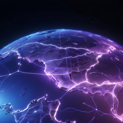 Earth At Night With Illuminated Cities Digital Network Connections Purple And Blue Color Scheme Global Communication Concept Dark Space Background With Stars Futuristic Technology Representation 12 9ae8