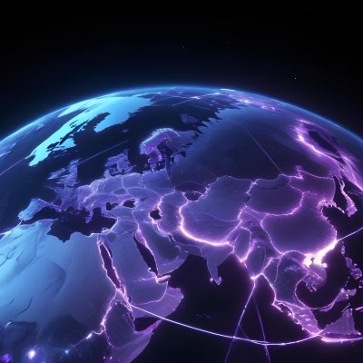 Earth At Night With Illuminated Cities Digital Network Connections Purple And Blue Color Scheme Global Communication Concept Dark Space Background With Stars Futuristic Technology Representation 15 0a02