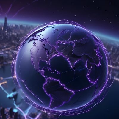 Earth At Night With Illuminated Cities Digital Network Connections Purple And Blue Color Scheme Global Communication Concept Dark Space Background With Stars Futuristic Technology Representation 16 C890