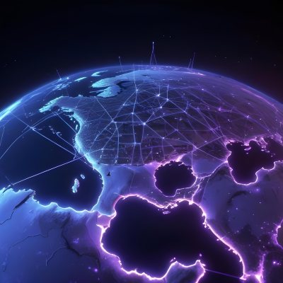 Earth At Night With Illuminated Cities Digital Network Connections Purple And Blue Color Scheme Global Communication Concept Dark Space Background With Stars Futuristic Technology Representation 23 B843
