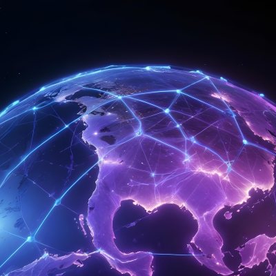 Earth At Night With Illuminated Cities Digital Network Connections Purple And Blue Color Scheme Global Communication Concept Dark Space Background With Stars Futuristic Technology Representation 5 052b