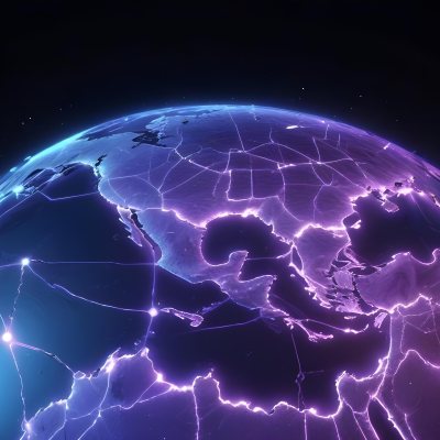 Earth At Night With Illuminated Cities Digital Network Connections Purple And Blue Color Scheme Global Communication Concept Dark Space Background With Stars Futuristic Technology Representation 6 3377