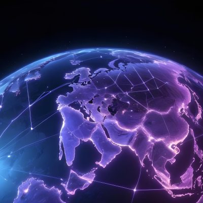Earth At Night With Illuminated Cities Digital Network Connections Purple And Blue Color Scheme Global Communication Concept Dark Space Background With Stars Futuristic Technology Representation 9 0883