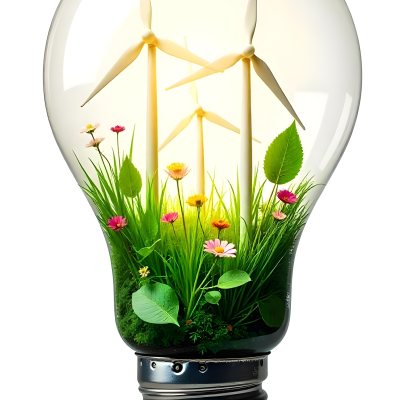 Light Bulb With Solar Panels Wind Turbines Grass Flowers And Leaves Inside White Background 136 Afe0