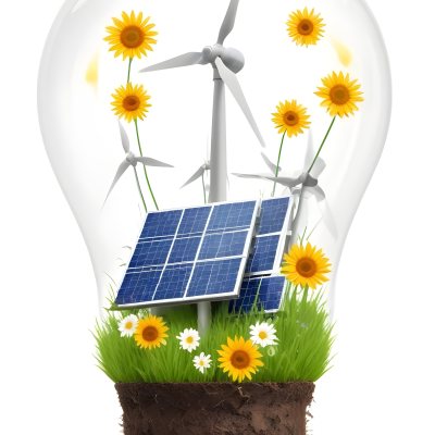Light Bulb With Solar Panels Wind Turbines Grass Flowers And Leaves Inside White Background 143 92b8