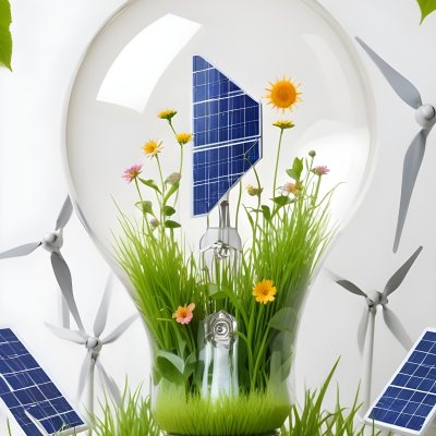 Light Bulb With Solar Panels Wind Turbines Grass Flowers And Leaves Inside White Background 145 Ff08