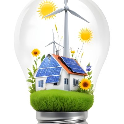 Light Bulb With Solar Panels Wind Turbines Grass Flowers And Leaves Inside White Background 147 Fdde