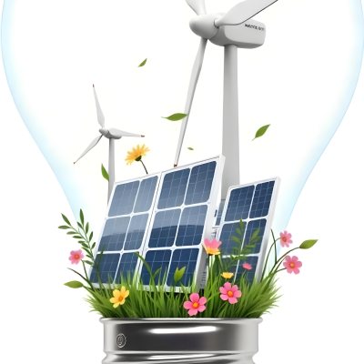 Light Bulb With Solar Panels Wind Turbines Grass Flowers And Leaves Inside White Background 150 0b80