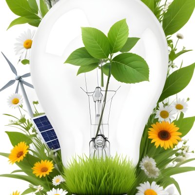 Light Bulb With Solar Panels Wind Turbines Grass Flowers And Leaves Inside White Background 151 5ffe