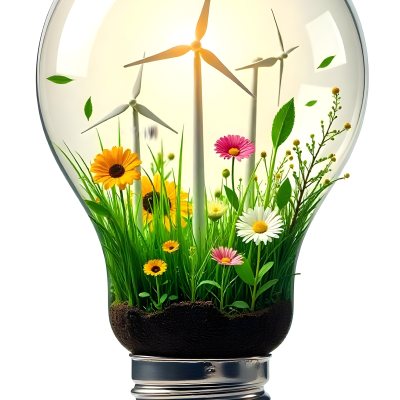 Light Bulb With Solar Panels Wind Turbines Grass Flowers And Leaves Inside White Background 82 7fe8