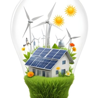 Light Bulb With Solar Panels Wind Turbines Grass Flowers And Leaves Inside White Background 87 9a2a