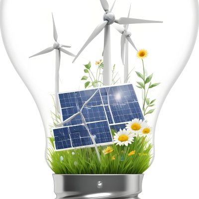 Light Bulb With Solar Panels Wind Turbines Grass Flowers And Leaves Inside White Background 95 B44f