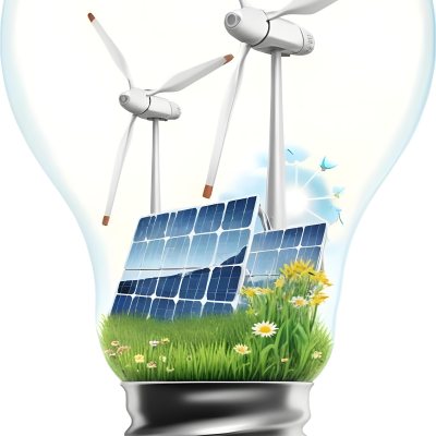 Light Bulb With Solar Panels Wind Turbines Grass Flowers And Leaves Inside White Background 99 A654