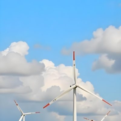 Wind Turbines With White Tips Under A Red Sky With White Clouds Generating Clean Energy In A Rural Environment 10 48cb