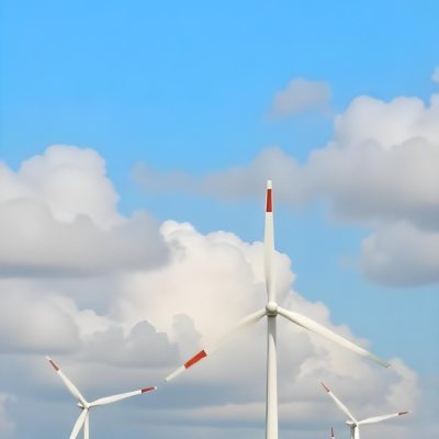 Wind Turbines With White Tips Under A Red Sky With White Clouds Generating Clean Energy In A Rural Environment 12 F621