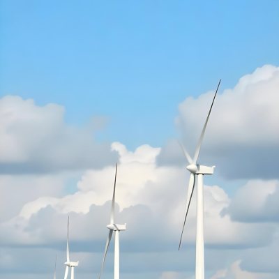 Wind Turbines With White Tips Under A Red Sky With White Clouds Generating Clean Energy In A Rural Environment 16 1df7