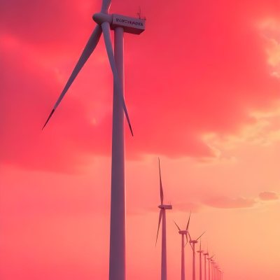 Wind Turbines With White Tips Under A Red Sky With White Clouds Generating Clean Energy In A Rural Environment 18 0ea1