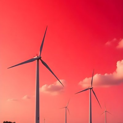 Wind Turbines With White Tips Under A Red Sky With White Clouds Generating Clean Energy In A Rural Environment 19 88d3