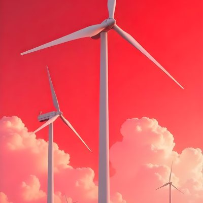 Wind Turbines With White Tips Under A Red Sky With White Clouds Generating Clean Energy In A Rural Environment 20 69d9