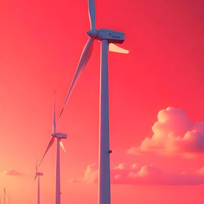 Wind Turbines With White Tips Under A Red Sky With White Clouds Generating Clean Energy In A Rural Environment 21 78dc