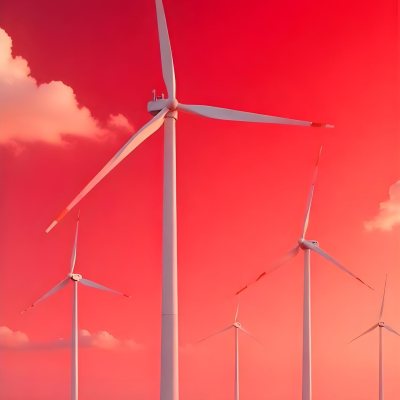 Wind Turbines With White Tips Under A Red Sky With White Clouds Generating Clean Energy In A Rural Environment 22 564a