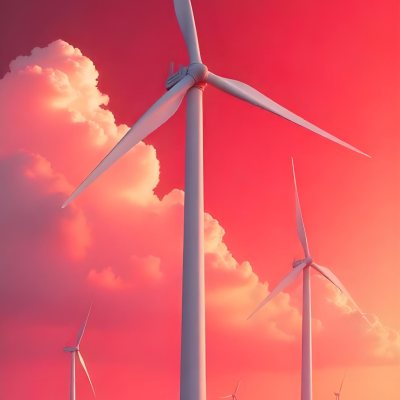 Wind Turbines With White Tips Under A Red Sky With White Clouds Generating Clean Energy In A Rural Environment 23 E8c4