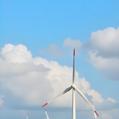 Wind Turbines With White Tips Under A Red Sky With White Clouds Generating Clean Energy In A Rural Environment 4 36bb