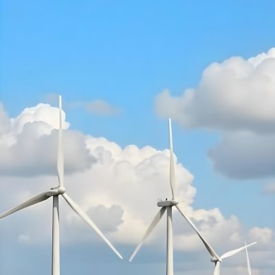 Wind Turbines With White Tips Under A Red Sky With White Clouds Generating Clean Energy In A Rural Environment 6 9c82