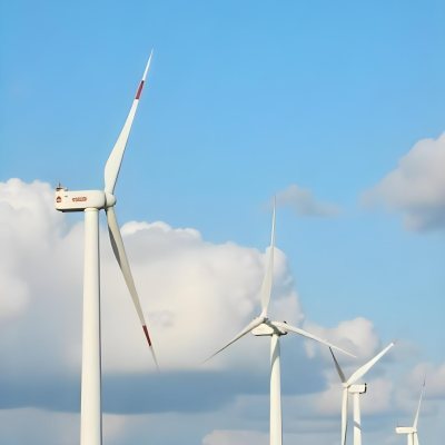 Wind Turbines With White Tips Under A Red Sky With White Clouds Generating Clean Energy In A Rural Environment 7 6042