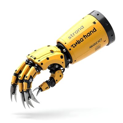 Yellow Industrial Robotic Arm With Metal Pincers The Arm Has The Words Strong Hand Written On It Isolated On White Background 2 3e61
