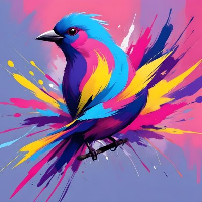 A Colorful Bird With Vibrant Feathers In Shades Of Purple Pink Orange And Yellow The Bird Has A Simple Stylized Design With Abstract Patterns And Shapes Forming Its Plumage The Background Is Plain White 5 84be