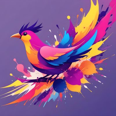 A Colorful Bird With Vibrant Feathers In Shades Of Purple Pink Orange And Yellow The Bird Has A Simple Stylized Design With Abstract Patterns And Shapes Forming Its Plumage The Background Is Plain White 51 Ca58