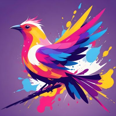 A Colorful Bird With Vibrant Feathers In Shades Of Purple Pink Orange And Yellow The Bird Has A Simple Stylized Design With Abstract Patterns And Shapes Forming Its Plumage The Background Is Plain White 52 27de