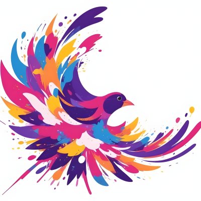 A Colorful Bird With Vibrant Feathers In Shades Of Purple Pink Orange And Yellow The Bird Has A Simple Stylized Design With Abstract Patterns And Shapes Forming Its Plumage The Background Is Plain White 56 64de