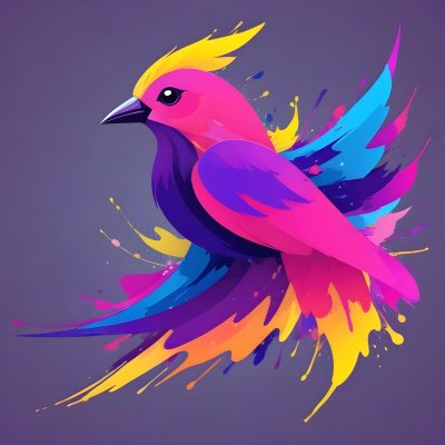 A Colorful Bird With Vibrant Feathers In Shades Of Purple Pink Orange And Yellow The Bird Has A Simple Stylized Design With Abstract Patterns And Shapes Forming Its Plumage The Background Is Plain White 68 7a2c