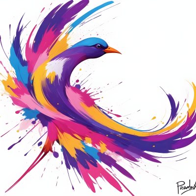 A Colorful Bird With Vibrant Feathers In Shades Of Purple Pink Orange And Yellow The Bird Has A Simple Stylized Design With Abstract Patterns And Shapes Forming Its Plumage The Background Is Plain White 7 B2cb