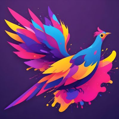 A Colorful Bird With Vibrant Feathers In Shades Of Purple Pink Orange And Yellow The Bird Has A Simple Stylized Design With Abstract Patterns And Shapes Forming Its Plumage The Background Is Plain White 76 1f44